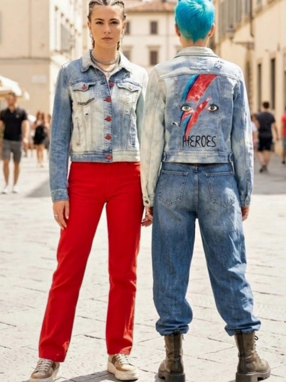 HANDPAINTED🖌"HEROS" David Bowie⚡Distressed GARAGE Denim Jacket Red Buttons Sz M